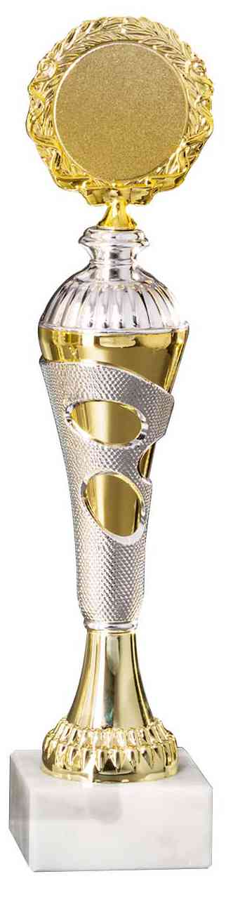 Goldene und silberne POMEKI-Trophäe mit kreisförmigem Medaillenmuster oben auf weißem Grund als Auszeichnung.